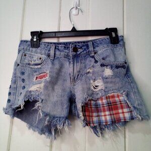 Indigo Rein Denim Shorts Juniors 1 Cut-off Raw Hem Distressed Plaid Festival